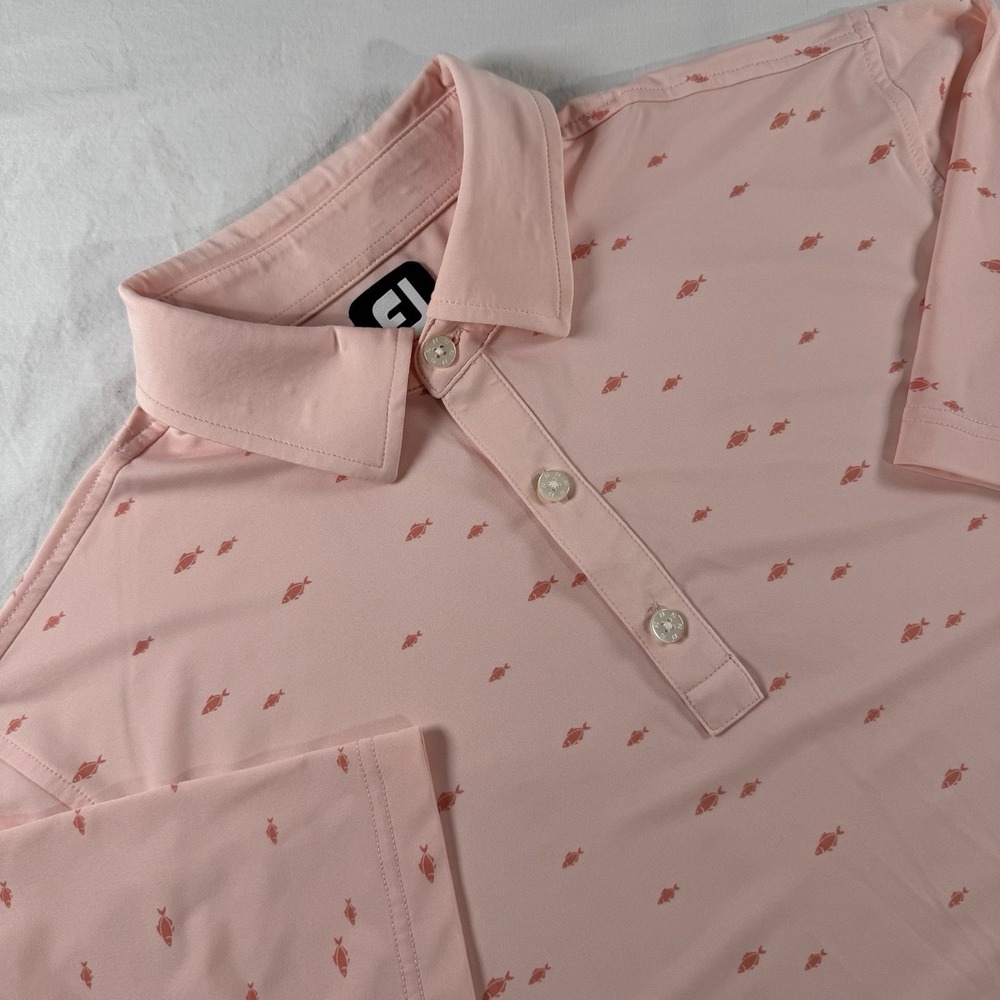 Footjoy FJ Men's Medium Peach Lisle School Of Fish Performance Stretch Golf Polo
